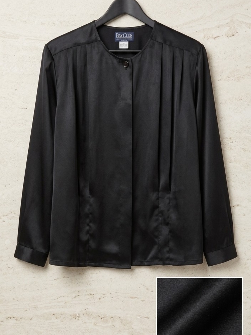 NWT Vintage Bay Club Black Pleated Satin Blouse | Shiny Silk-Like Button Down |